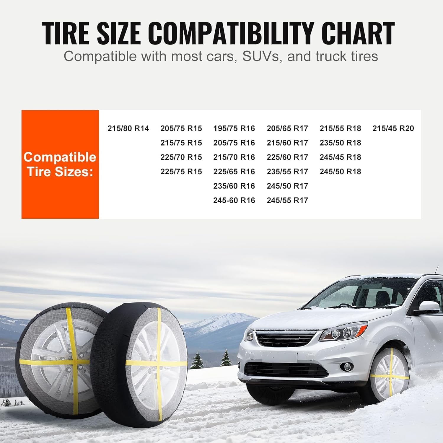 Tire Size Compatibility Chart for VEVOR snow socks