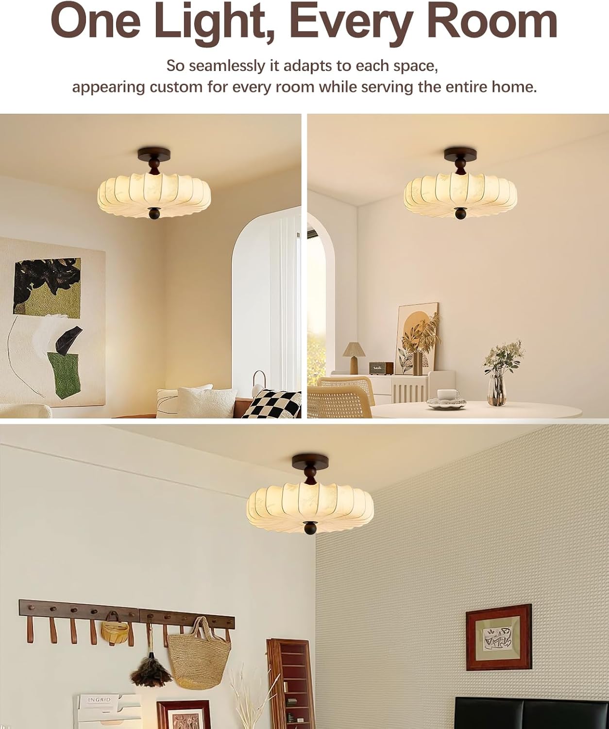 Fabric Lampshade Semi Flush Mount Ceiling Light with Wooden Accents,Brightness Dimmable & 3 Temperature,⌀ 11.8"