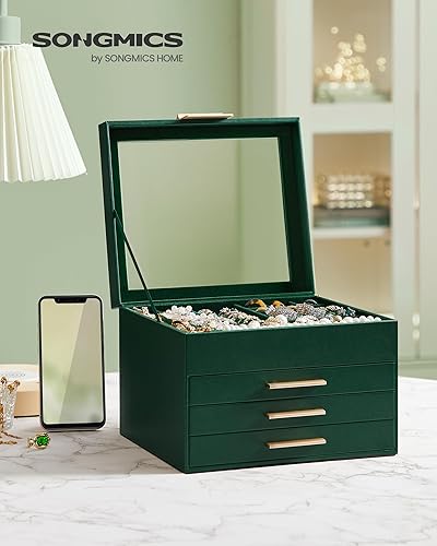 Miniatura 2 de SONGMICS Joyero organizador con tapa de cristal, almacenamiento de joyas de 4 capas, con 3 cajones, estilo moderno, regalo de Navidad, 8 x 9.1 x 6.5