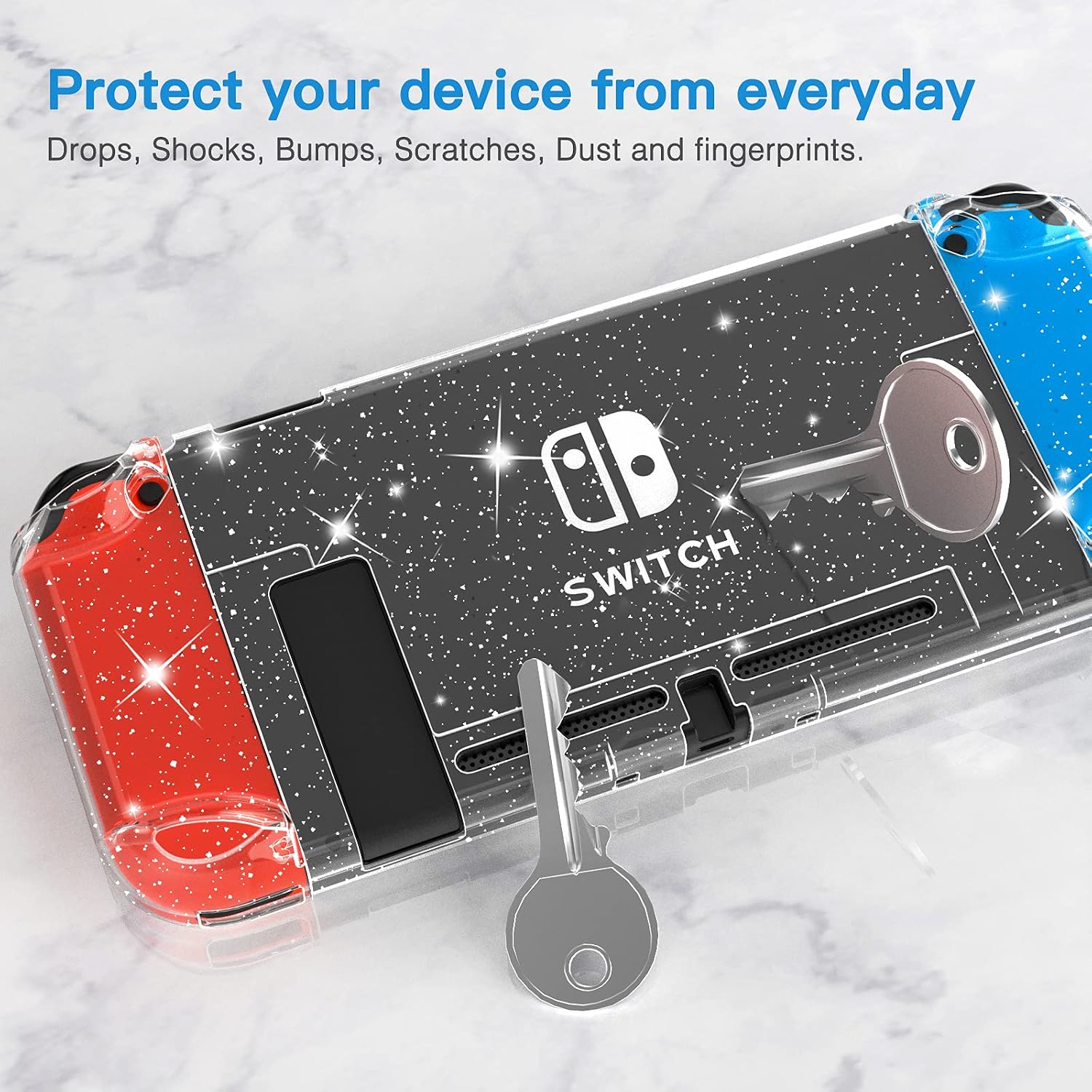 HEYSTOP Case Compatible with Nintendo Switch, Dockable Protective PC Cover Case for Nintendo Switch with Screen Protector and 4 Thumb Caps (Clear Glitter)