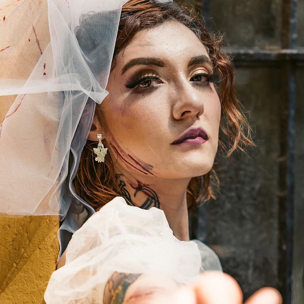 MADISON TYLER Halloween Statement Dangle Earrings for Women | Statement Movable Skull with Pumpkin | Jewelry for Halloween Party | Holiday Gift (Gold Pave Rhinestone Ghost) - Image 3