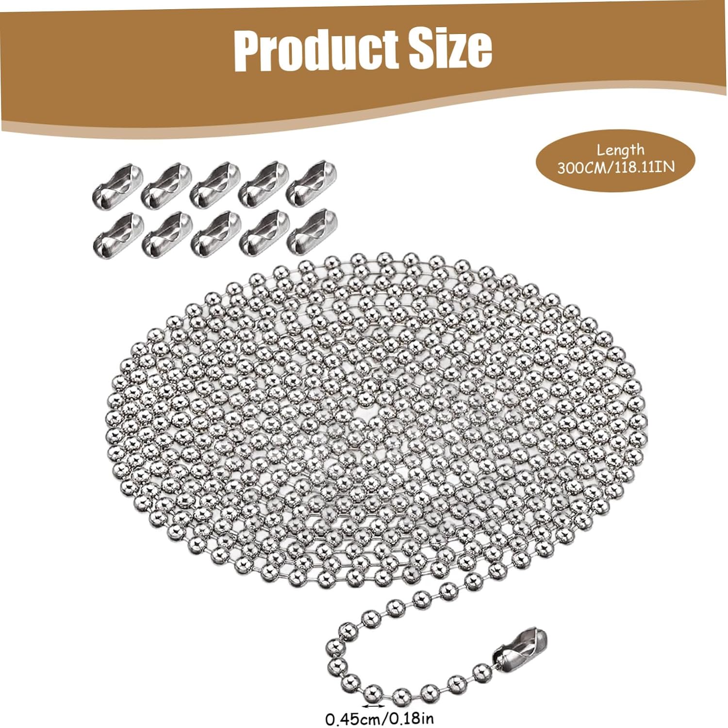 Ball Chain 118" Metal Pull Chain 4.5mm Bead with 10 Connector Cuttable DIY-Friendly Replacement Ball for Jewelry Making, Dog Tag, Window Blind