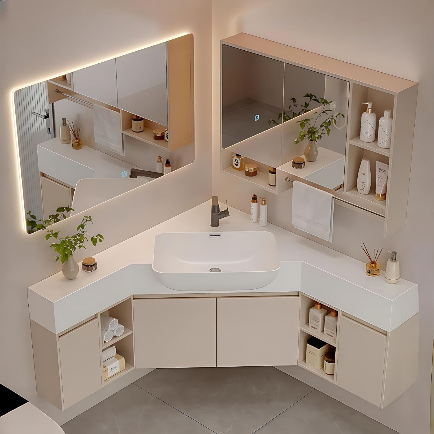 36" Corner Bathroom Vanity with Sink - Natural Wood Colored Corner Bathroom Vanity Cabinet, Floating Vanity with Smart Defog Mirror & Mirror Cabinet - Complete Accessories, Grey