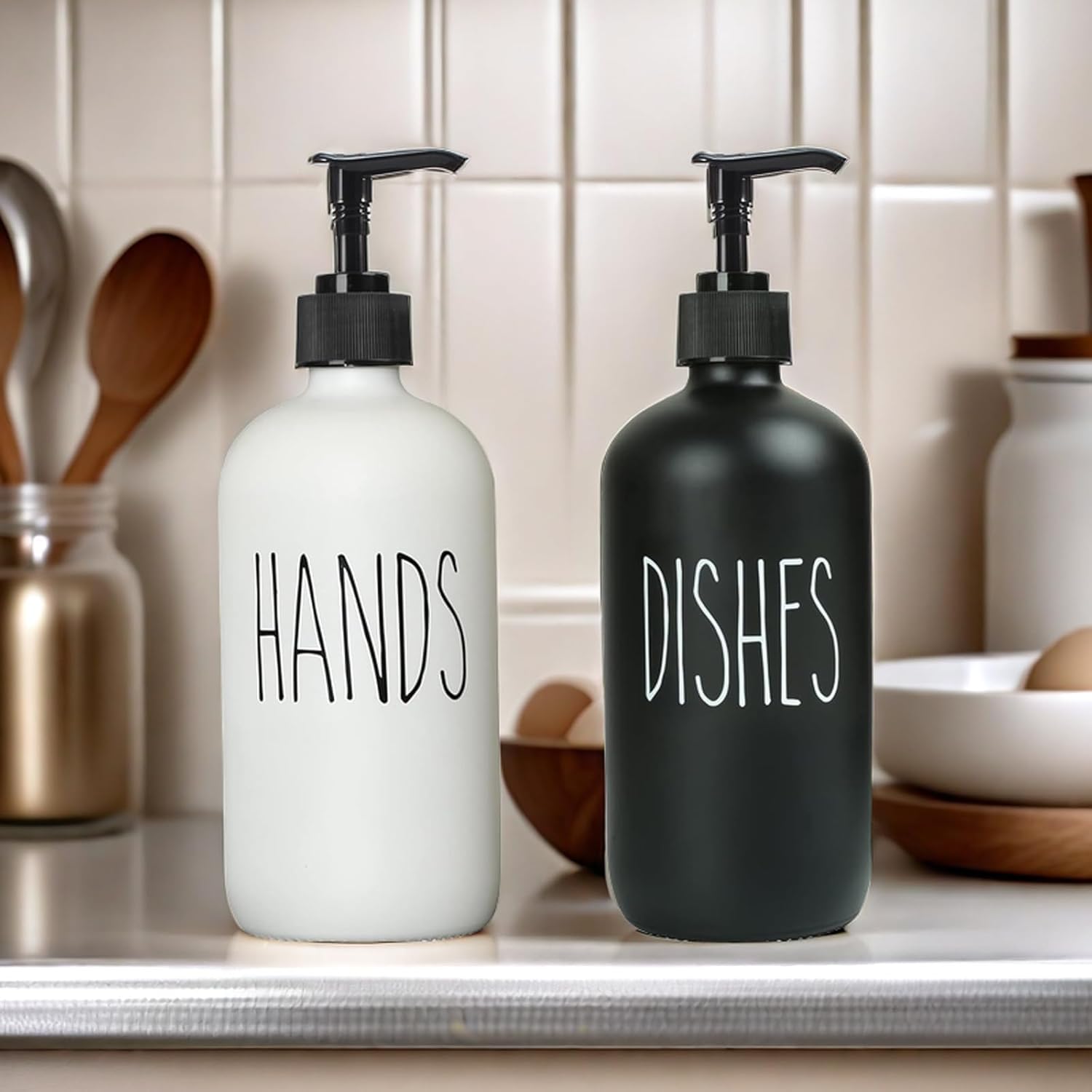 16 OZ Glass Soap Dispenser with Pump, Bathroom and Kitchen Set, Perfect for Black and White Kitchen Decor (Black & White) - Image 4