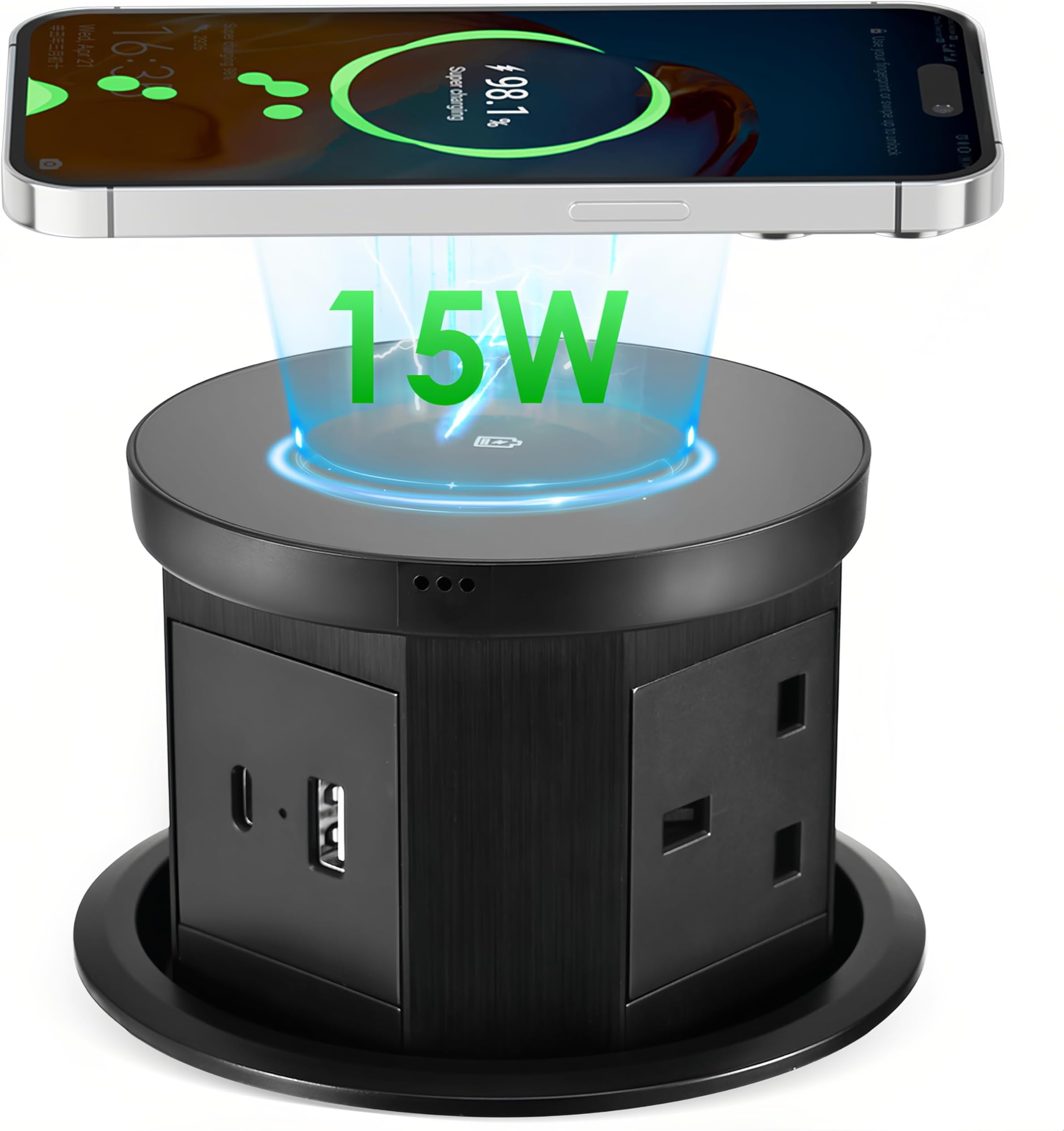 Pop up Socket, Pop up Power Sockets with 15W Wireless Fast Charger, Safe Touchscreen Automatic Pop up Extension Socket with USB & Type C Port for Home Office Kitchen Worktops Desktop (Black)