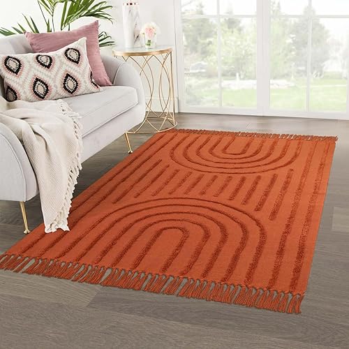 Miniatura 7 de LEEVAN - Alfombras lavables para sala de estar de 4 x 6 pies, alfombra tejida de terracota para cocina con borlas, alfombra moderna acolchada de