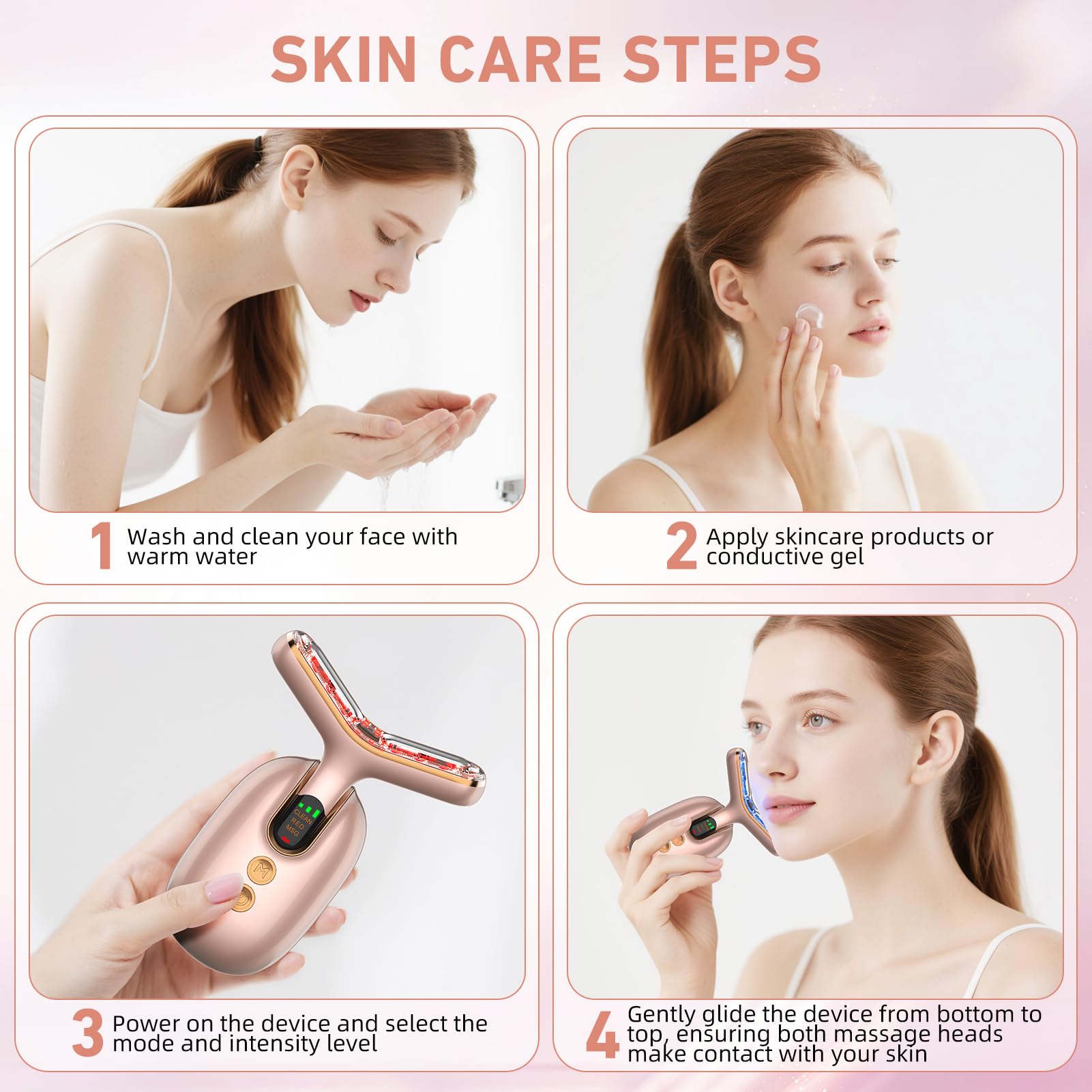 Dispositivo de belleza facial de microcorriente, 3 modos, terapia de luz roja para cara y cuello, masajeador facial multifuncional