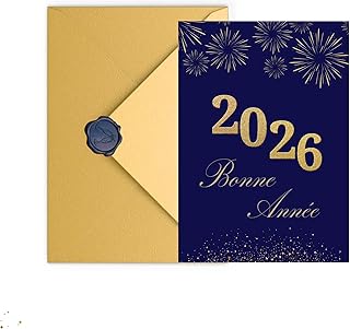 marelle CREATIVE MINDS Carte Bonne Année - Papier Nacré Luxueux 400g - Carte de Voeux 2026 Nouvel An - Lettrage doré à chaud - Enveloppe Premium et Sceau de Cire (Bonne Année-Sceau de Cire)