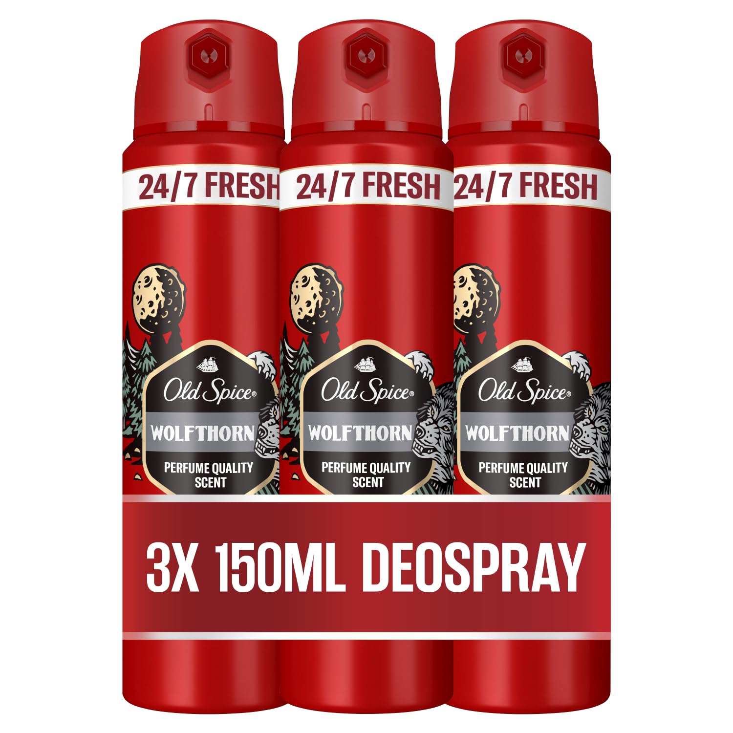 Old Spice Wolfthron Deospray 3x 150 ml, 24/7 Frischhh bei täglicher Anwendung, langanhaltender Duft in Parfumqualität, Schutz vor Gerüchen, Ohne Aluminiumsalze (Packung mit 3)