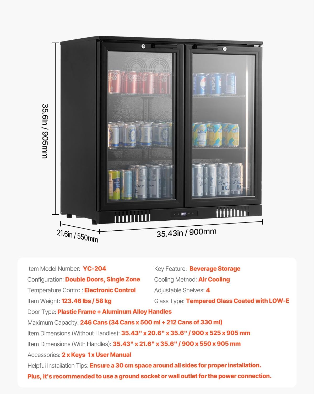 VEVOR Beverage Refrigerator Cooler, 246 Can Beverage Fridge, Soda Beer Fridge with Glass Doors, Adjustable Shelves, Digital Temperature Control, Built-in or Freestanding Fridge for Restaurant & Bar