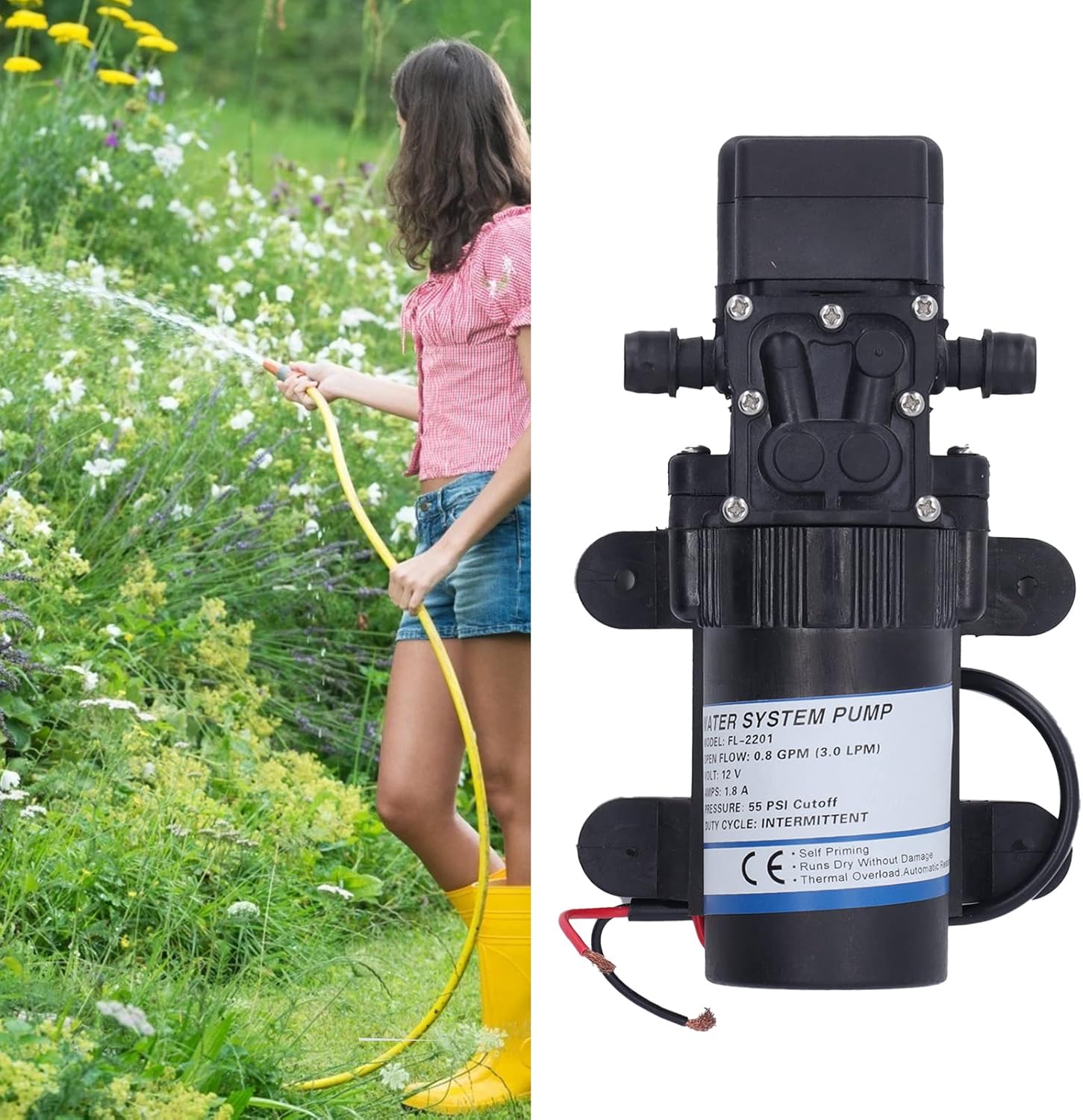 FL 2201 Pump, 12V Pump, 08GPM. Rate with Pressure, Self Priming Pump for RV Yacht Watering, Agricultural Spraying, and, Strong Copper Motor, 55PSI