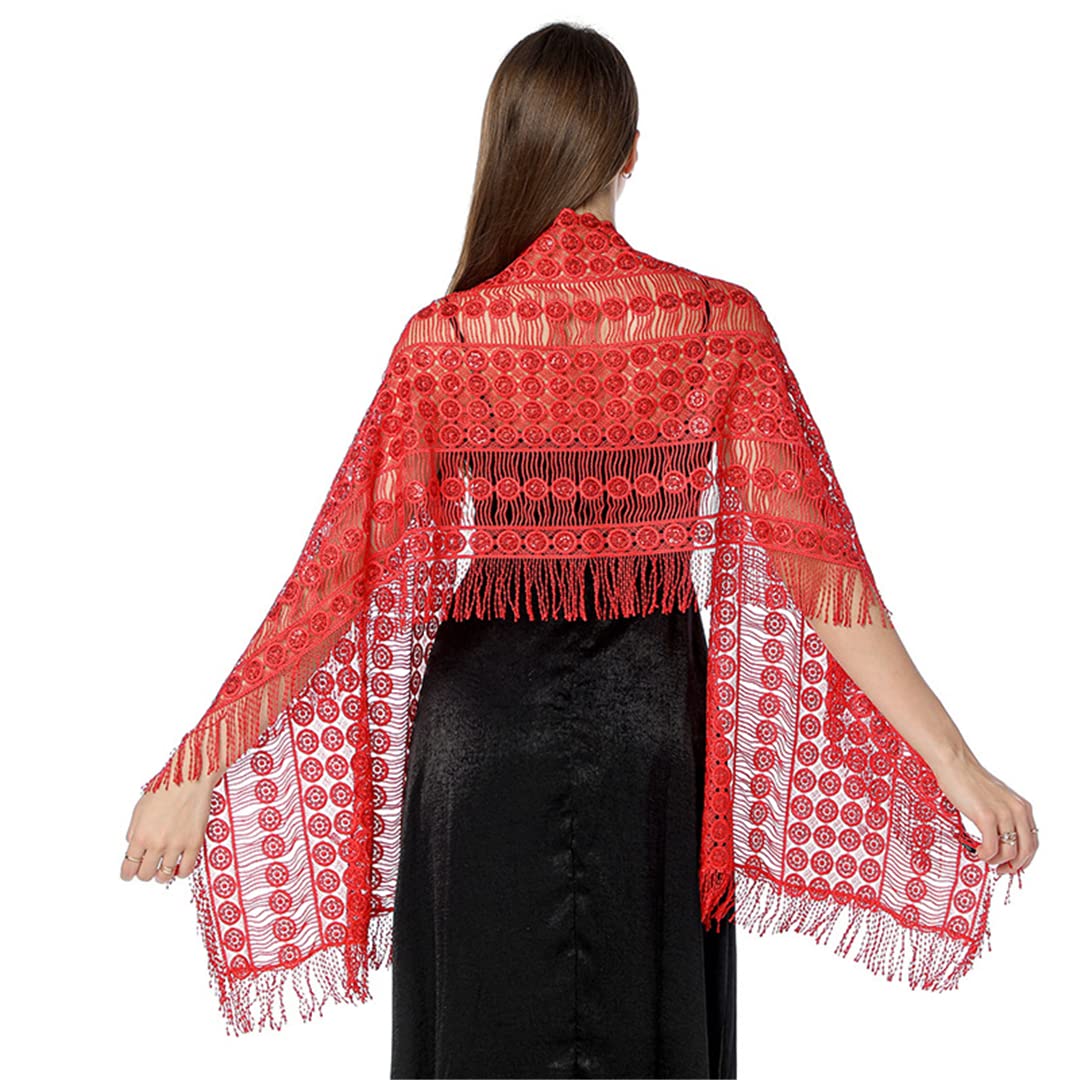 Sciarpa in pizzo e rete, Scialle da sera con nappa donna ricamo paillettes multicolore