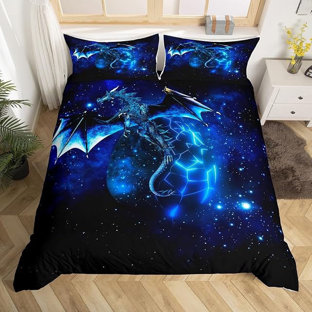Loussiesd Galaxy Dragon Duvet Cover Kids Chic Outer Space Starry Sky Bedding Set Jungle Animals Dragon Bedding & Linen for Boys Children Teens Blue Black Bedspread Cover Single Size