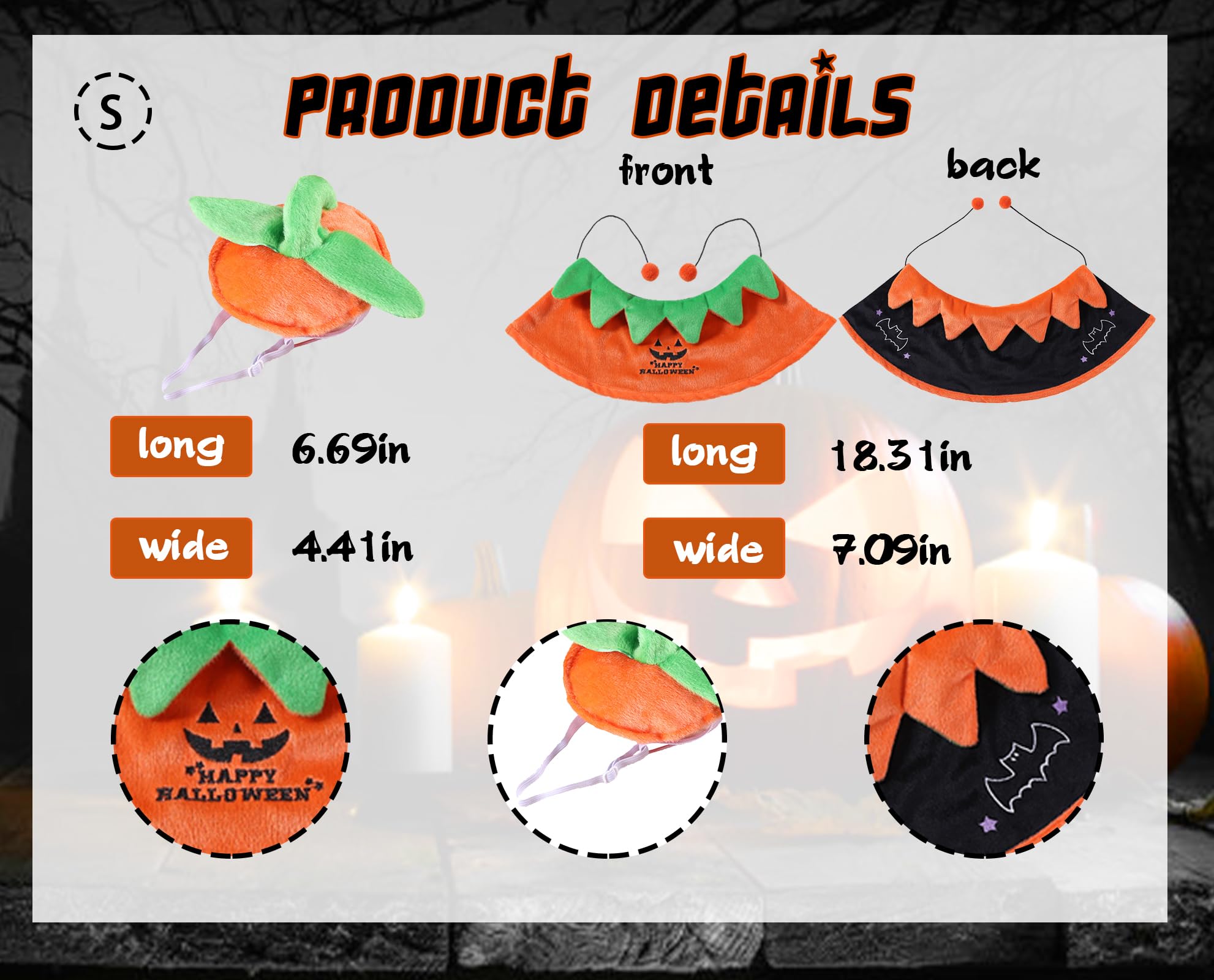 HIENAJ Halloween Cat Pumpkin Cloak with Hat Costume? Adjustable Double-Sided Pumpkin Pet Cape Clothes, Small Cats Dogs and Other Pets Halloween Parties and Pet Cosplay - S