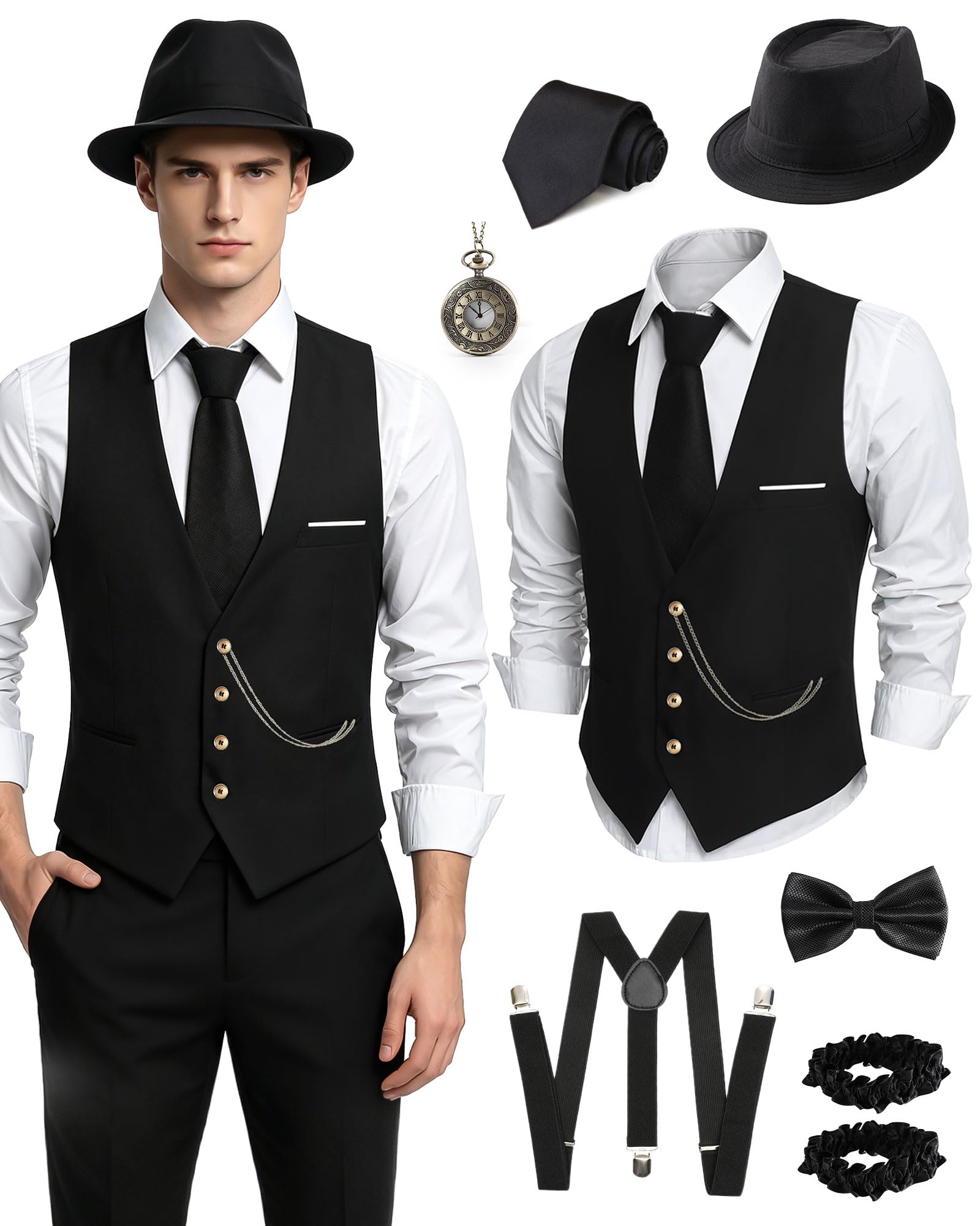 1920s Mens Costume, Roaring 20s Outfits for Men, 1920s Mens Outfit Accessories with Vest Hat, Gatsby Gangster Costume for Men
