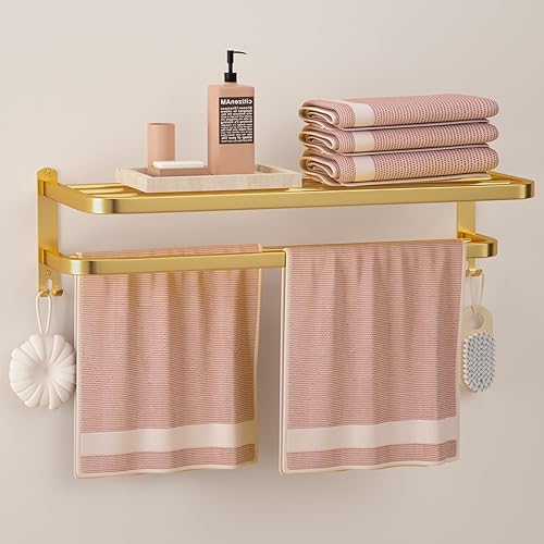 Miniatura 12 de DDS-DUDES Toallero de baño de 23 pulgadas con barras de toalla dobles, soporte de pared para lavabo con ganchos, estante de baño de hotel de acero