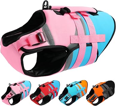 Kuoser Dog Life Jacket with Rescue Handle, High Flotation Dogs Swim Vest with Reflective Strips,Adjustable Dog Life Vest for Swimming, Boating, Pool&Beach, Doggy Lifejacket for Small Medium Large Dogs