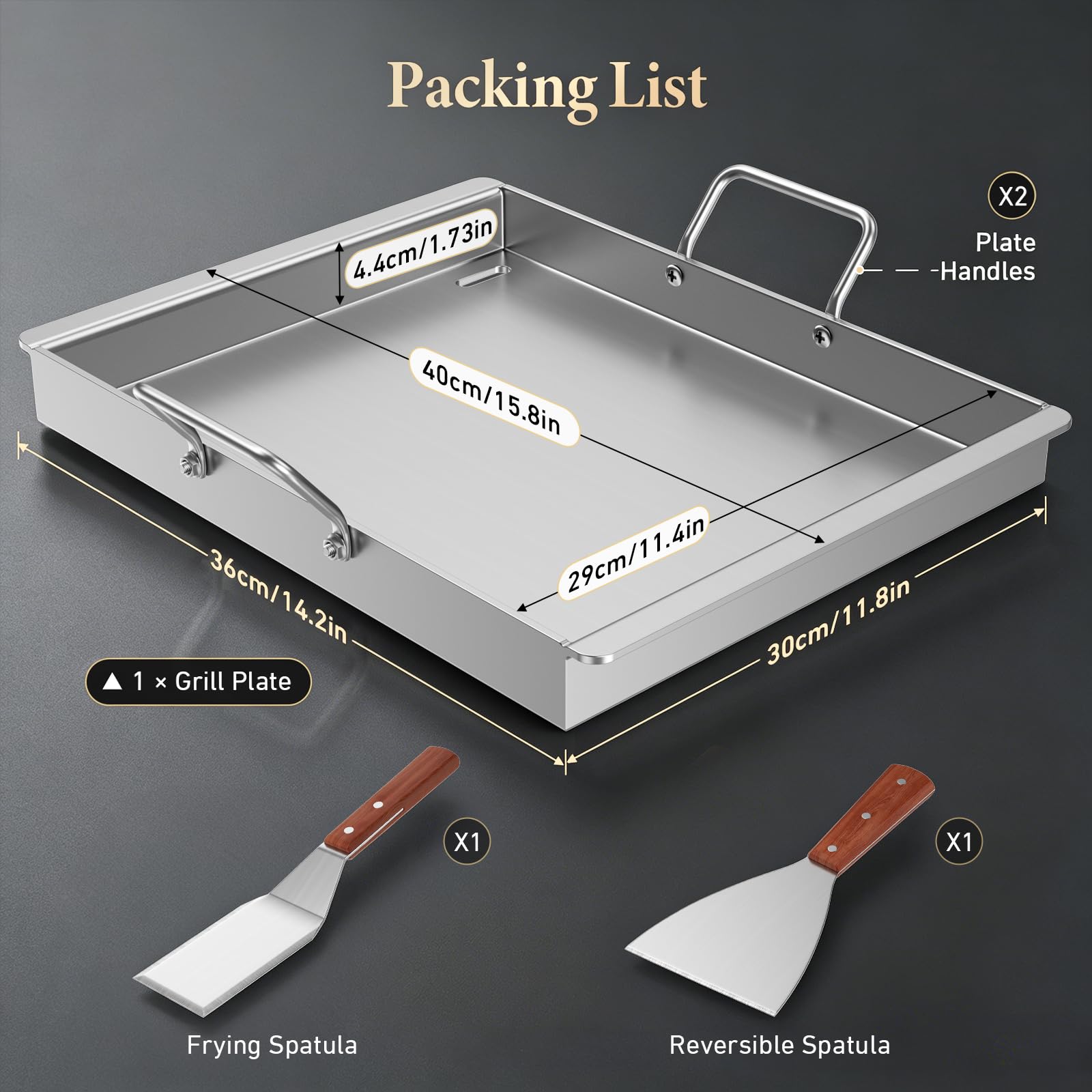 Piastra per barbecue in acciaio inox, 40 x 30 x 4 cm, con 2 manici in legno resistenti al calore, spatola con beccuccio per grasso integrato, piastra da 4 mm di spessore, per barbecue