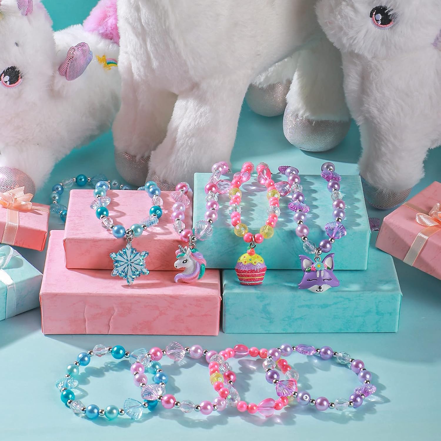 Winrayk 4Set Girls Beads Necklaces Bracelets Jewelry Set with Sparkling Unicorn Fox Candy Frozen Design Friendship Dress Up Play Princess Party Favor Gift Jewelry for Kids Toddler Little Girls 3 4 5 6 : Toys & Games