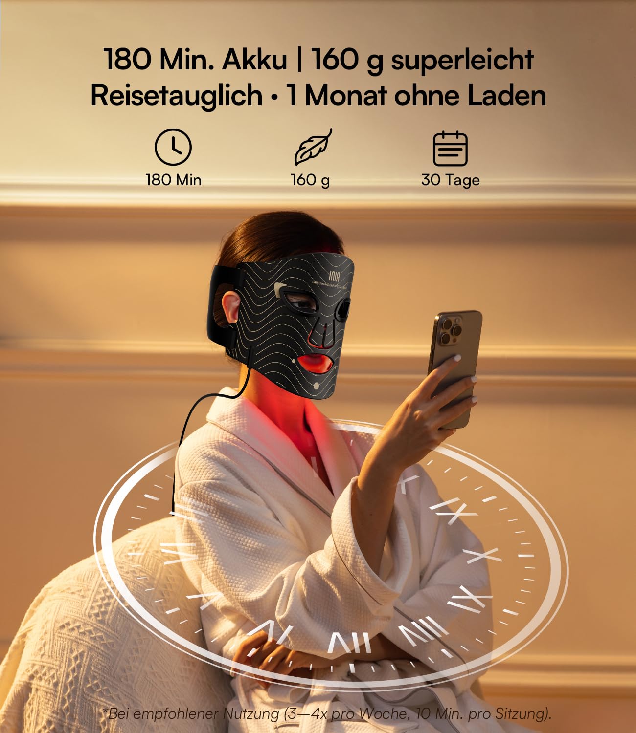 INIA LED Gesichtsmaske Lichttherapie 4 Modi 850nm NIR Rote Blaue 220 Perlen Red Light Therapy Face Mask Aufladbar 2600mAh Anti-Aging