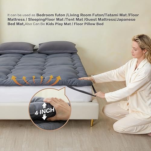 Miniatura 5 de SAPHREAS Japanese Futon Mattress Floor Mattress, 4" Foldable Roll Up Bed Mattress Topper with Elastic Straps, Tatami Mat Sleeping Pad for Camping,