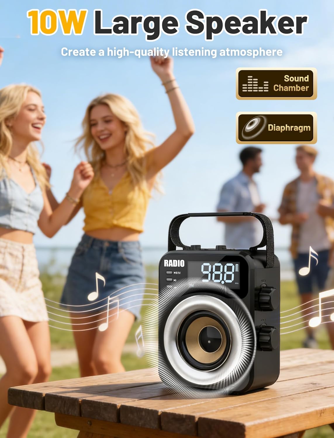 Radio Portable AM FM WB SW,Bluetooth Digital Radios Built-in 4000mah Rechargeable Battery/DC D*3 Cell Battery Operated,10W Speaker,Tf/USB Playback,LCD Display Weather Alert for Home Outdoor Emergency