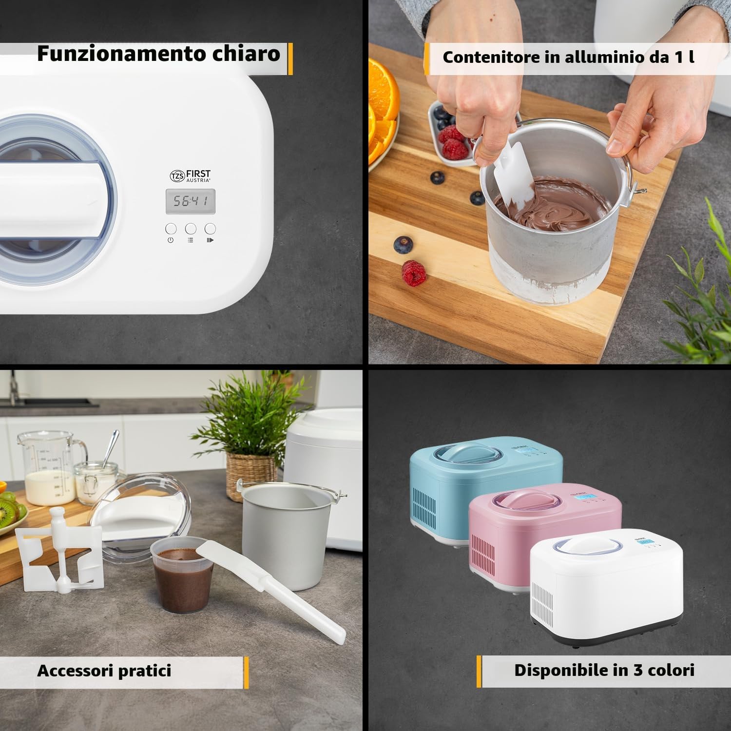 TZS First Austria - Gelatiera 1L con Compressore 3-in-1-100W Macchina per Gelato Autorefrigerante per Frozen Yogurt, Sorbetti e Gelato - Bianco