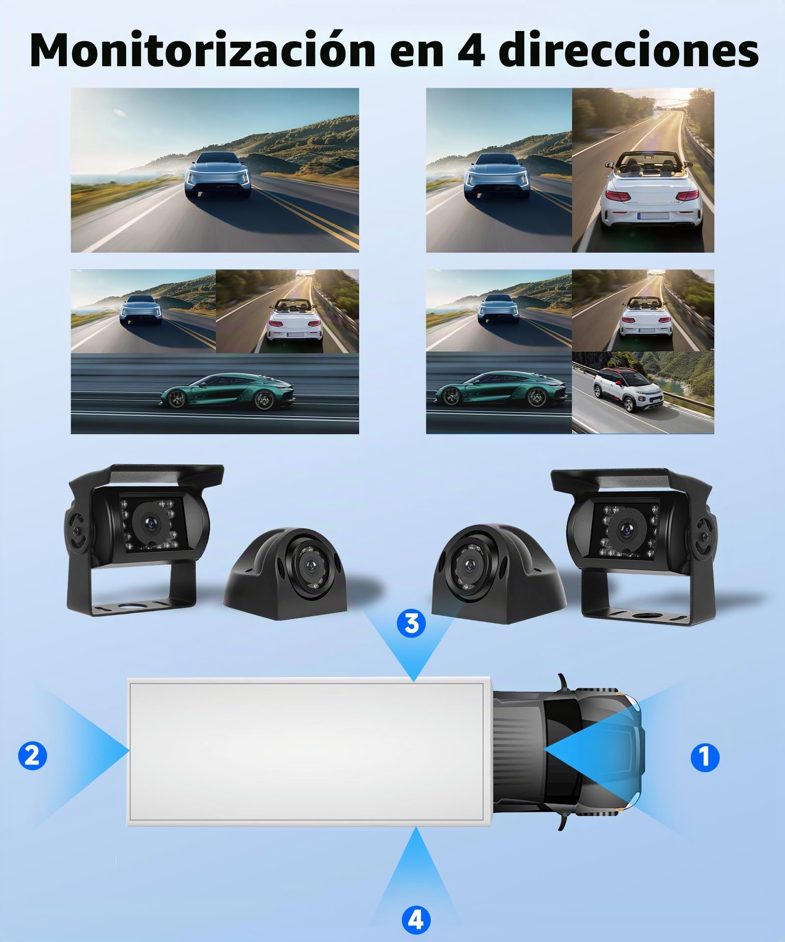 Cámara de Marcha Atrás de Coche con 4 Cámaras, 9 Pulgadas Monitor IP68 Impermeable Visión Nocturna DVR Bucle de Vídeo Camara Trasera con 35M Cable para Camión/Autobús/Furgoneta/Autocaravana/Remolque