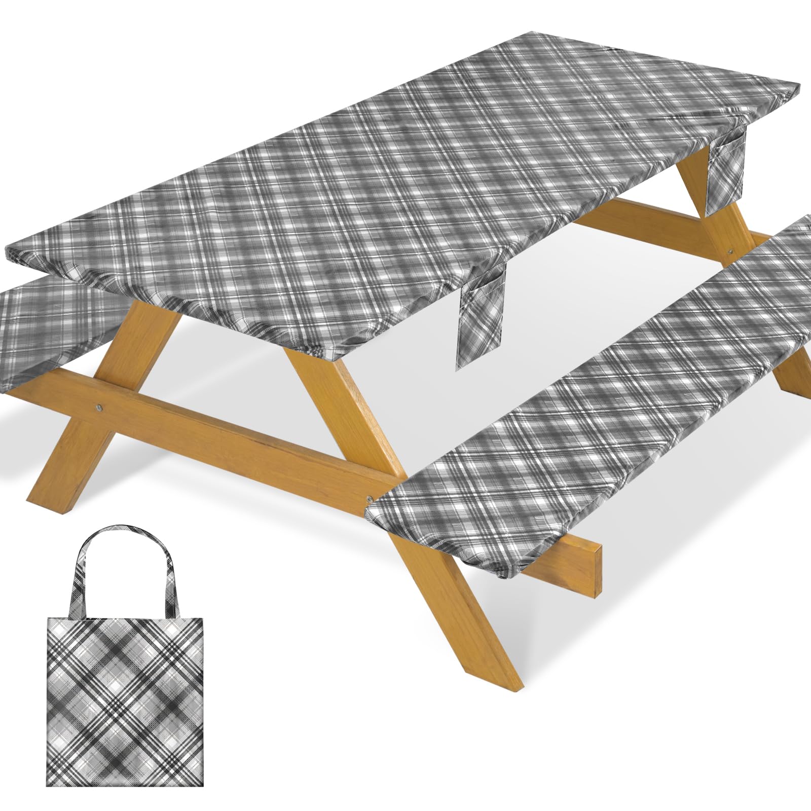 memKiya Fitted Waterproof Picnic Table Cover with Bench Covers Heavy Duty Elastic Outdoor Camping Tablecloth for 6 Foot Rectangle Tables Summer Rv Accessories Patio Garden Road Trip Essentials Gifts — image 1