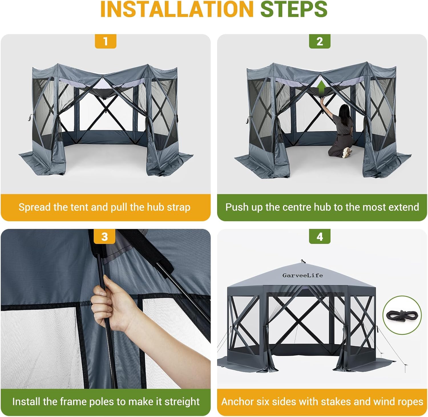 GarveeLife Pop Up Gazebo,10 X 10 ft Portable Outdoor Camping Pop Up Canopy Screen Tent with Mosquito Netting Gazebo,Waterproof 6 Sidewalls,Ground Stakes,Carry Bag for Lawn, Garden, Backyard(Gray)