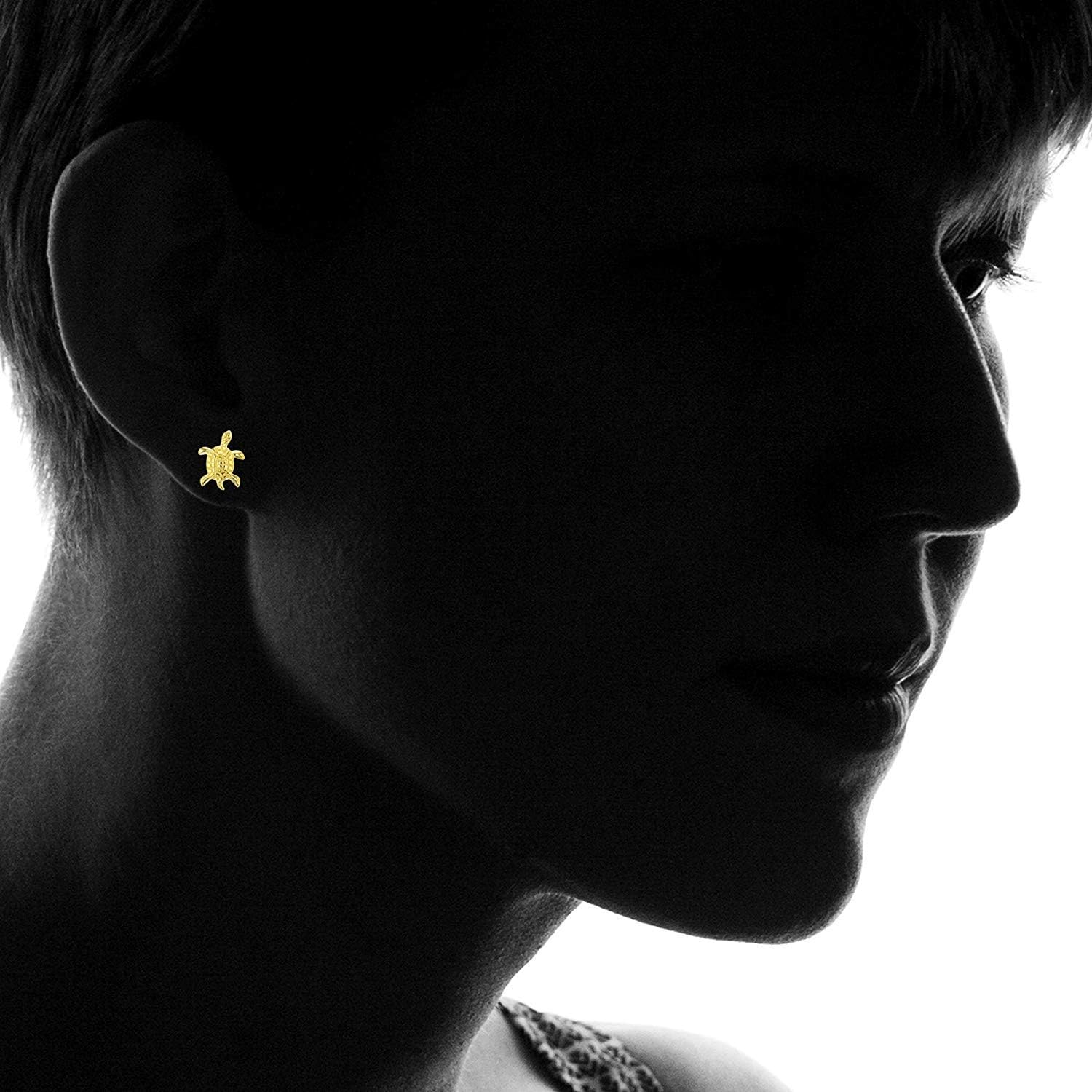 Solid 925 Sterling Silver Polished Sea Turtle Stud Earrings for Women | 12.5mm Gold Plated Hypoallergenic Studs - Image 3