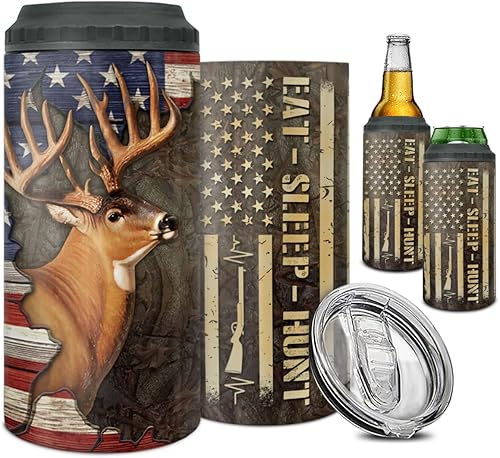 wowcugi Vaso de caza 4 en 1 con diseño de bandera estadounidense de ciervos, acero inoxidable, 16 onzas