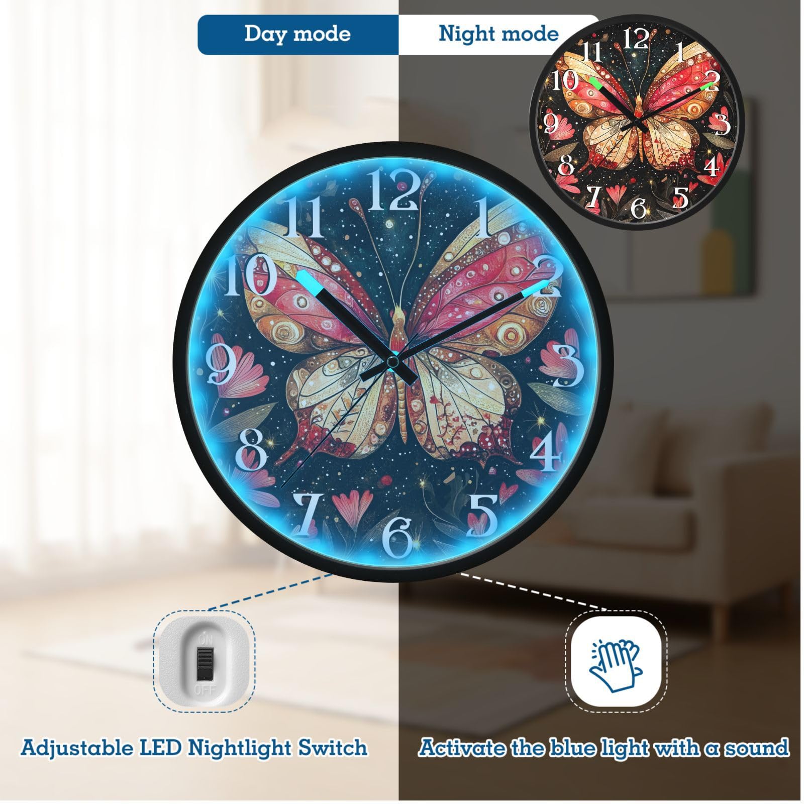 Mnsruu Reloj de pared luminoso con diseño de mariposa roja y luna, funciona con pilas, reloj silencioso que brilla en la oscuridad, para sala de estar, cocina, 30,5 cm