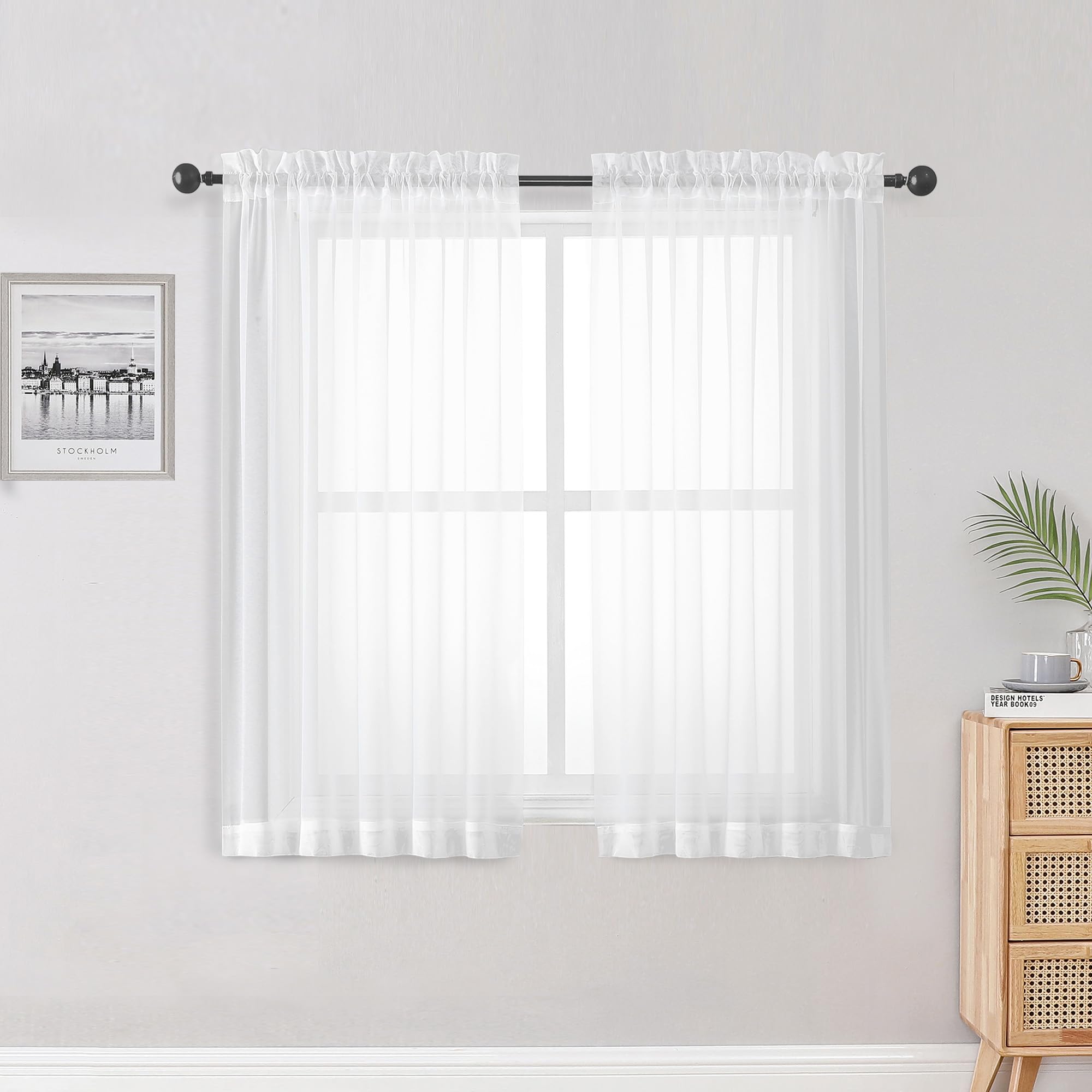 OWENIE Sheer White Curtains 84 Inch Length 2 Panels Set for Living Room Bedroom, Rod Pocket Voile Sheer Panel Drapes, White, 2pcs, Each 42" W x 48" L