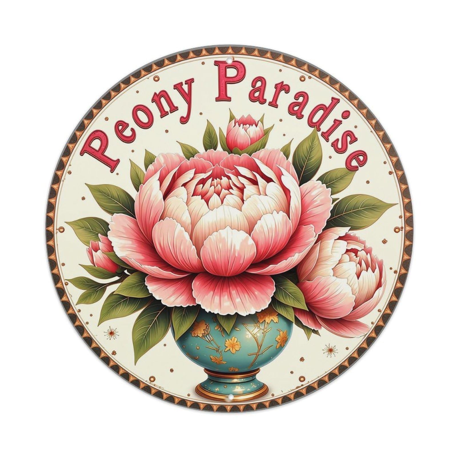 Jdyaojiesheng Vintage Peony Flower Vase Pattern Design Round Tin Sign Retro Metal Wall Decor Metal Poster, Home Bar Garage Farmhouse Cafe Wall Art Decoration 8X8inch
