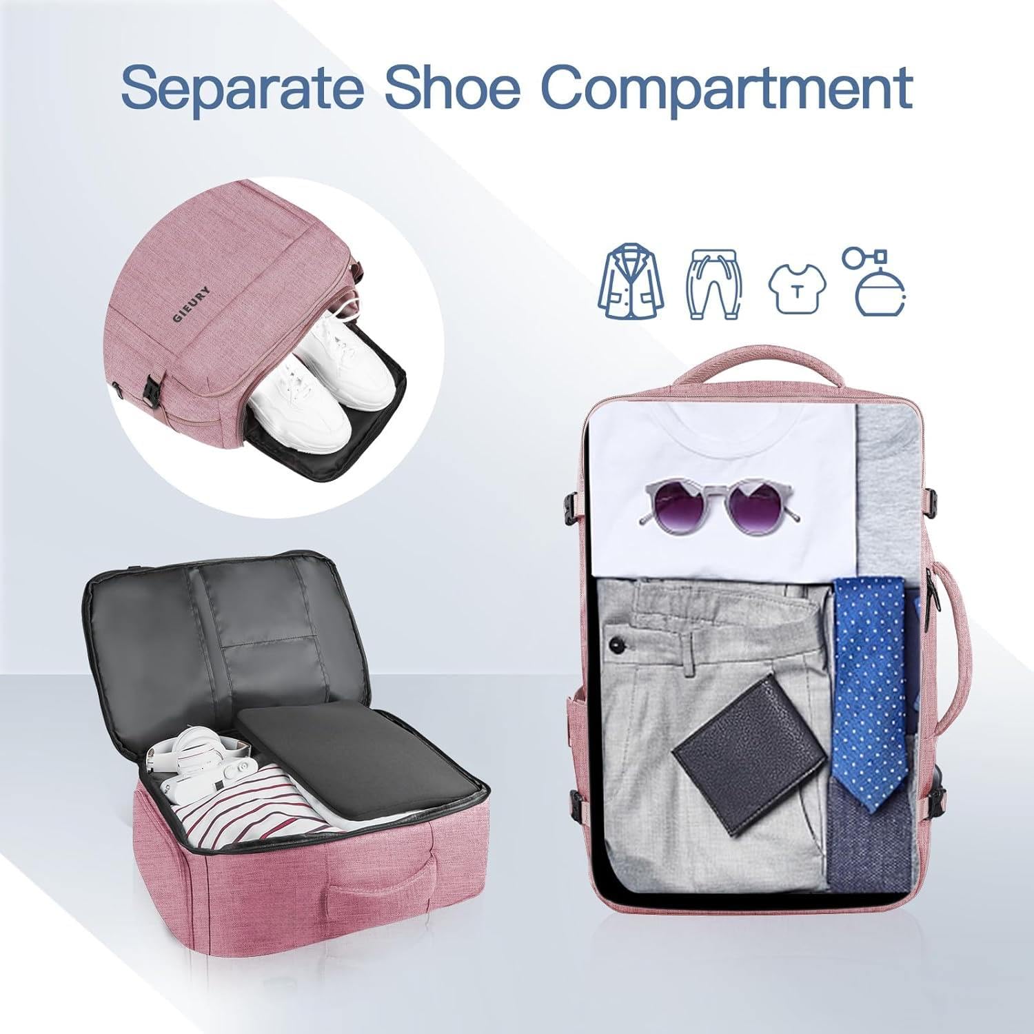 Gieury Mochila de viaje extensible para hombre y mujer 40-50 l, rosa, XL, Mochila de transporte