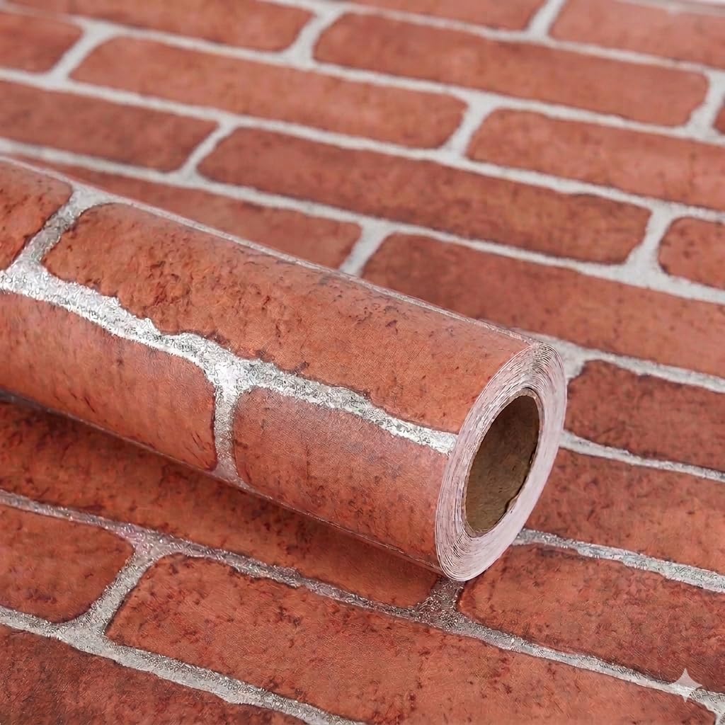 Lependor 17.7" X 393" Decorative Wallpaper Self-Adhesive Wall Paper Lengthen Red Brick Printed Stick Paper Easy to Apply Peel and Stick - 17.71" X 32.8 ft