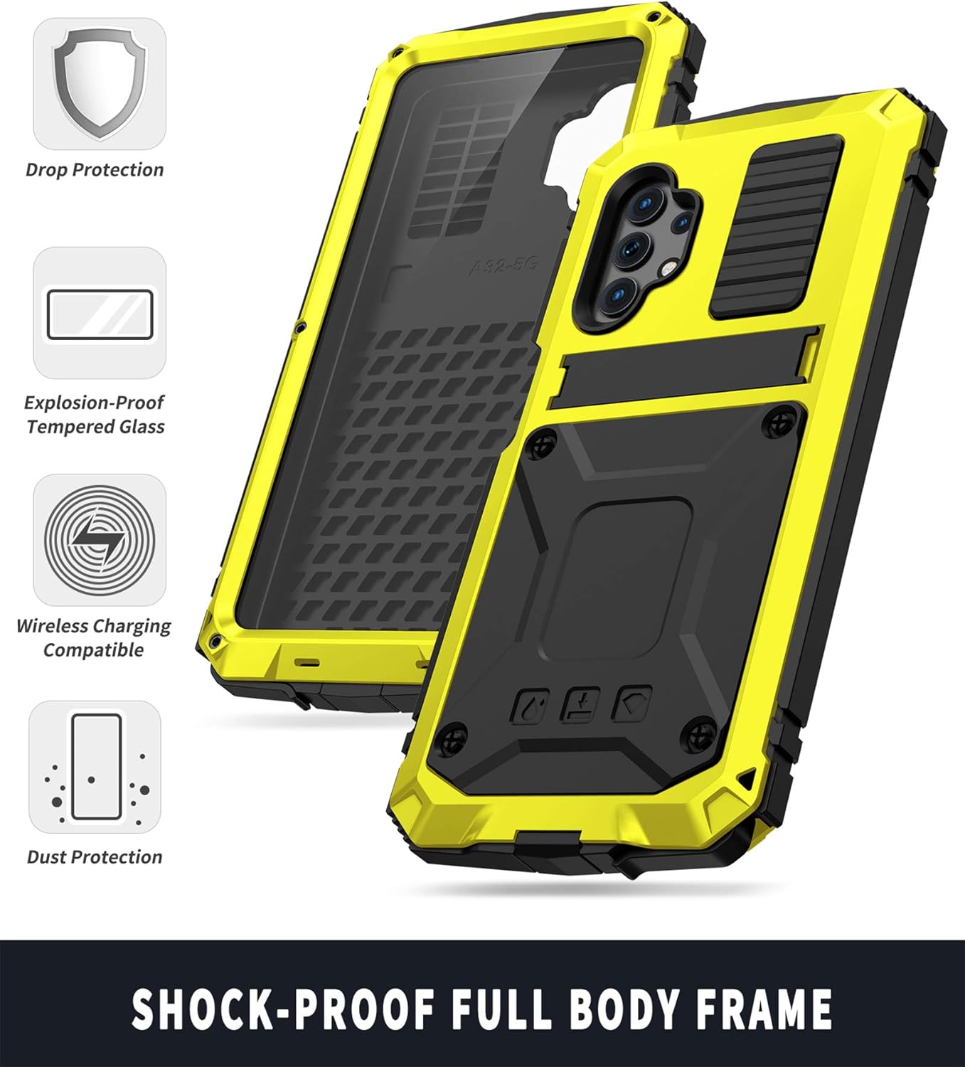 Compatible for Samsung Galaxy A32 5G Metal Case,Heavy Duty Dust Proof Military Grade Rugged Case with Built-in Foldable Kickstand with Full-Body Bumper Cover (Yellow)