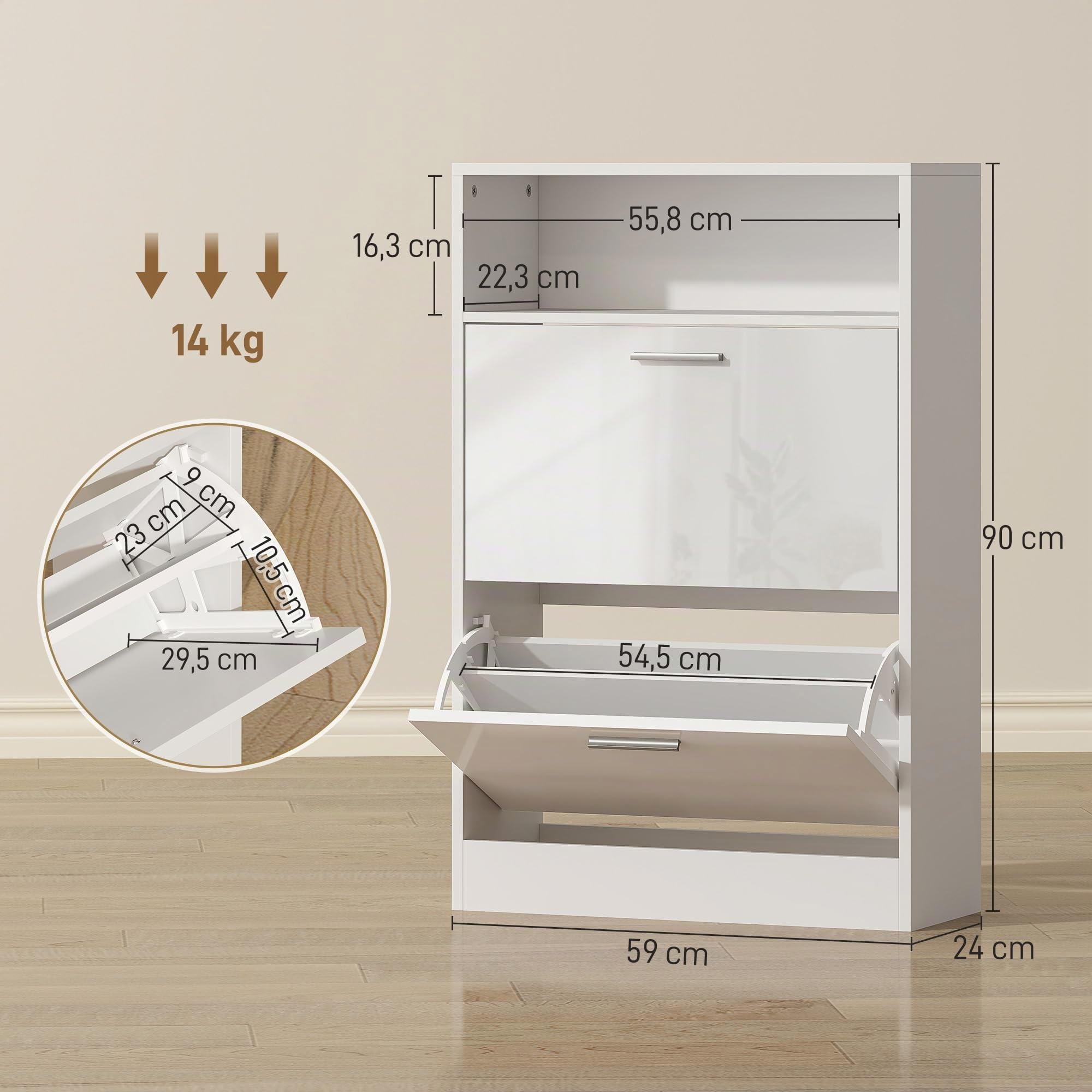 HOMCOM Meuble à Chaussures 8 Paires 2 Tiroirs 59 x 24 x 90 cm Blanc