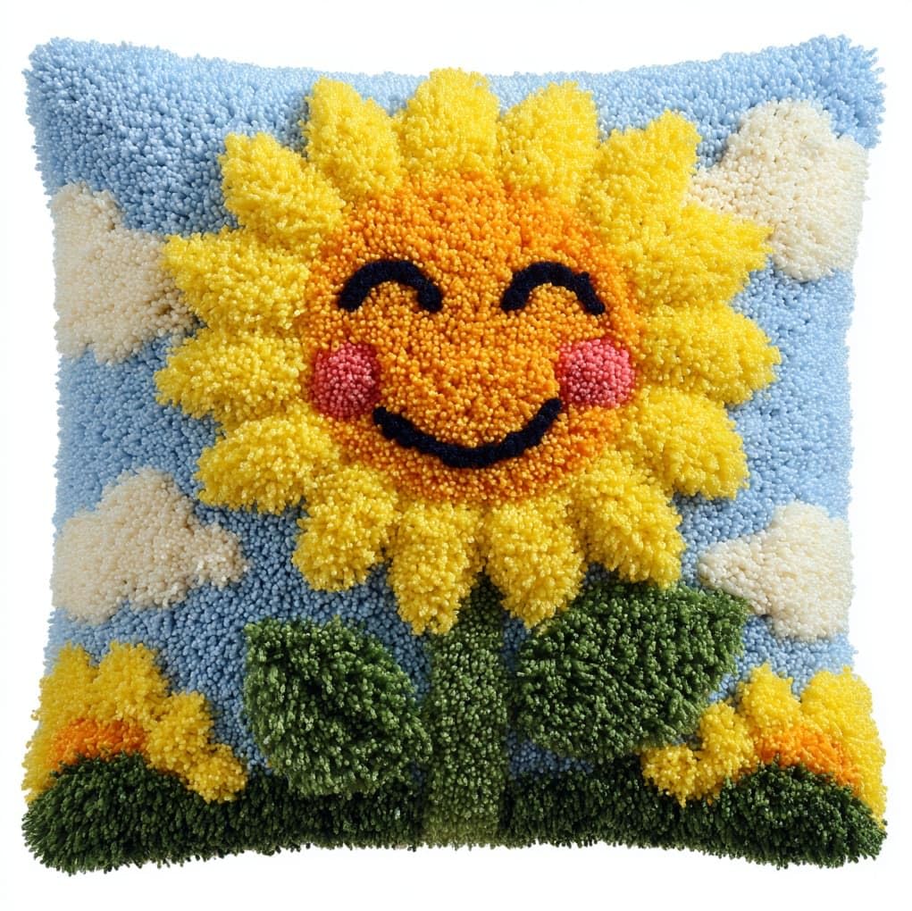 WallustrioaW Latch Hook Cushion Kits for Adults BeginnersSmiling Sunflower,Handmade Crochet Craft Kits Cushion Cover Needlework for Home Decoration,17x17in