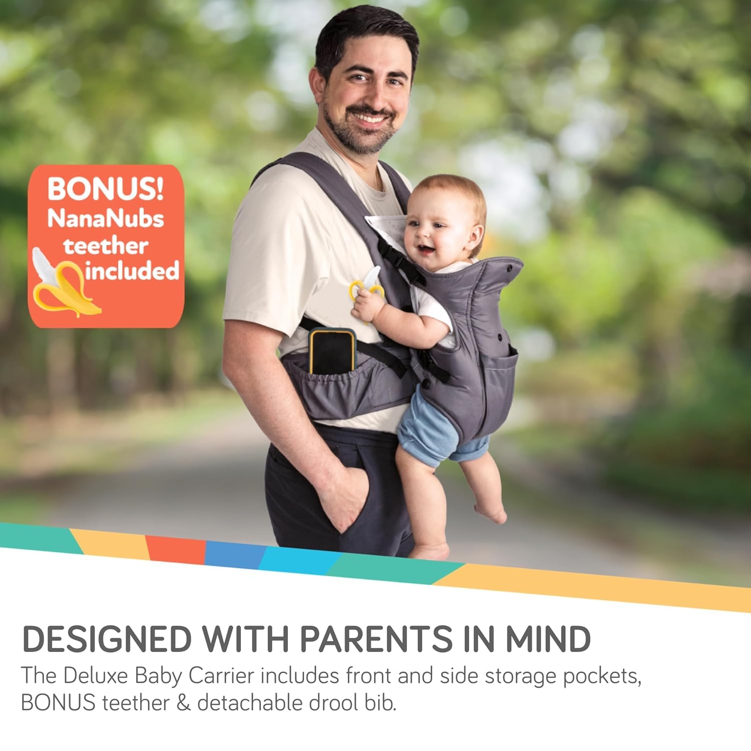 Nuby Porte-bébé de luxe : nouveau-né à tout-petit avec soutien lombaire pour 3,5 à 14,9 kg (3,5 à 14,9 kg) tissu maille respirant léger bonus anneau de dentition amovible bavoir pour bébé bavette