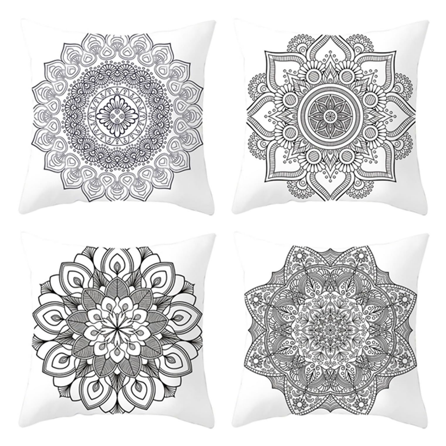 Taie d'oreiller princesse mandala extensible en tissu noir et blanc 50x50cm