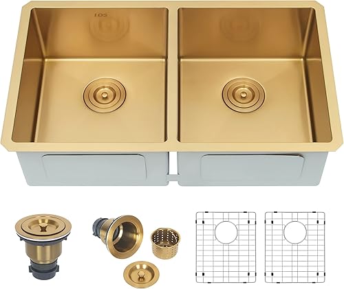 Miniatura 5 de LQS Fregadero de cocina de montaje inferior de 31 pulgadas, fregadero de cocina dorado, fregaderos de acero inoxidable con fregaderos, accesorios