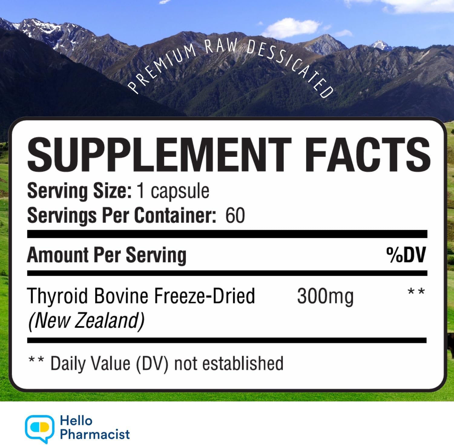 Raw Desiccated Bovine Thyroid 300mg Per Capsule - Energy & Metabolism Support - New Zealand Sourced, Grass Fed Freeze-Dried Glandular Bovine Beef Thyroid, Non-GMO, Tested for Impurities - 60 Capsules