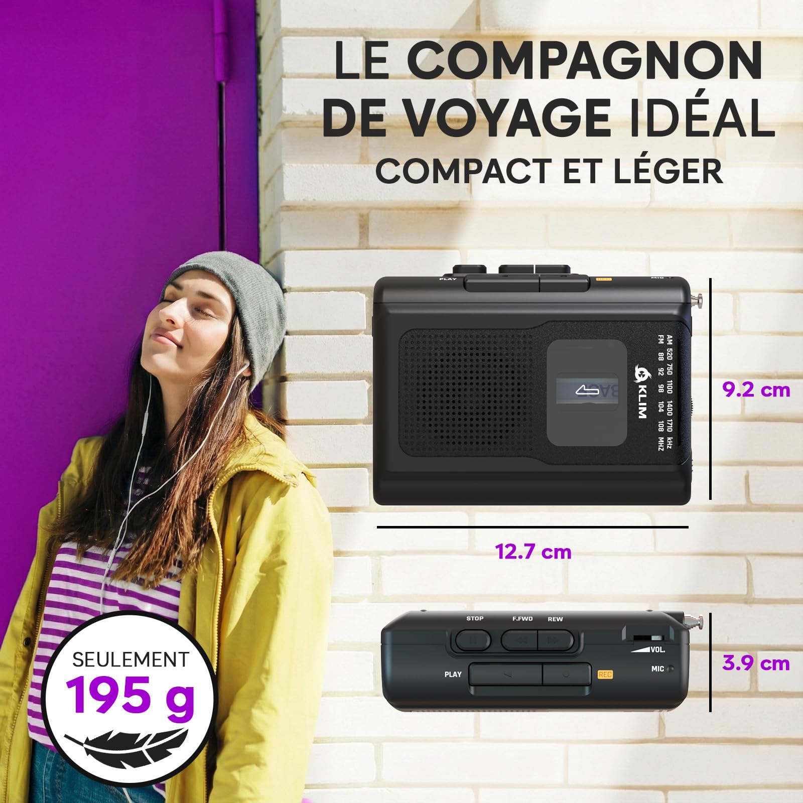 KLIM K8 Lecteur Cassette Audio avec Un Casque Fusion - Enregistreur Cassette - Nouveau Player - Radio AM/FM - Microphone et Haut-Parleur Intégrés - Prise Casque et Écouteurs - Noir