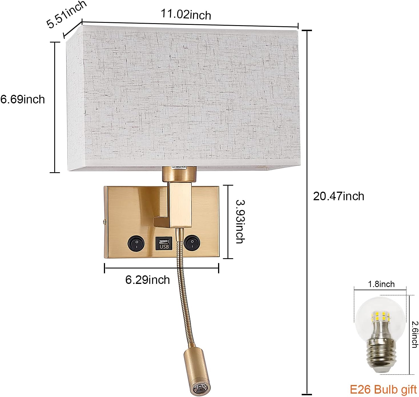 Bedroom Wall Sconces, Hardwired Wall Lamp with USB and Reading Lamp Fabric Shade Bedside Wall Lights with Reading Lamp for Bedroom Living Room Hotels Corridors (Brass)