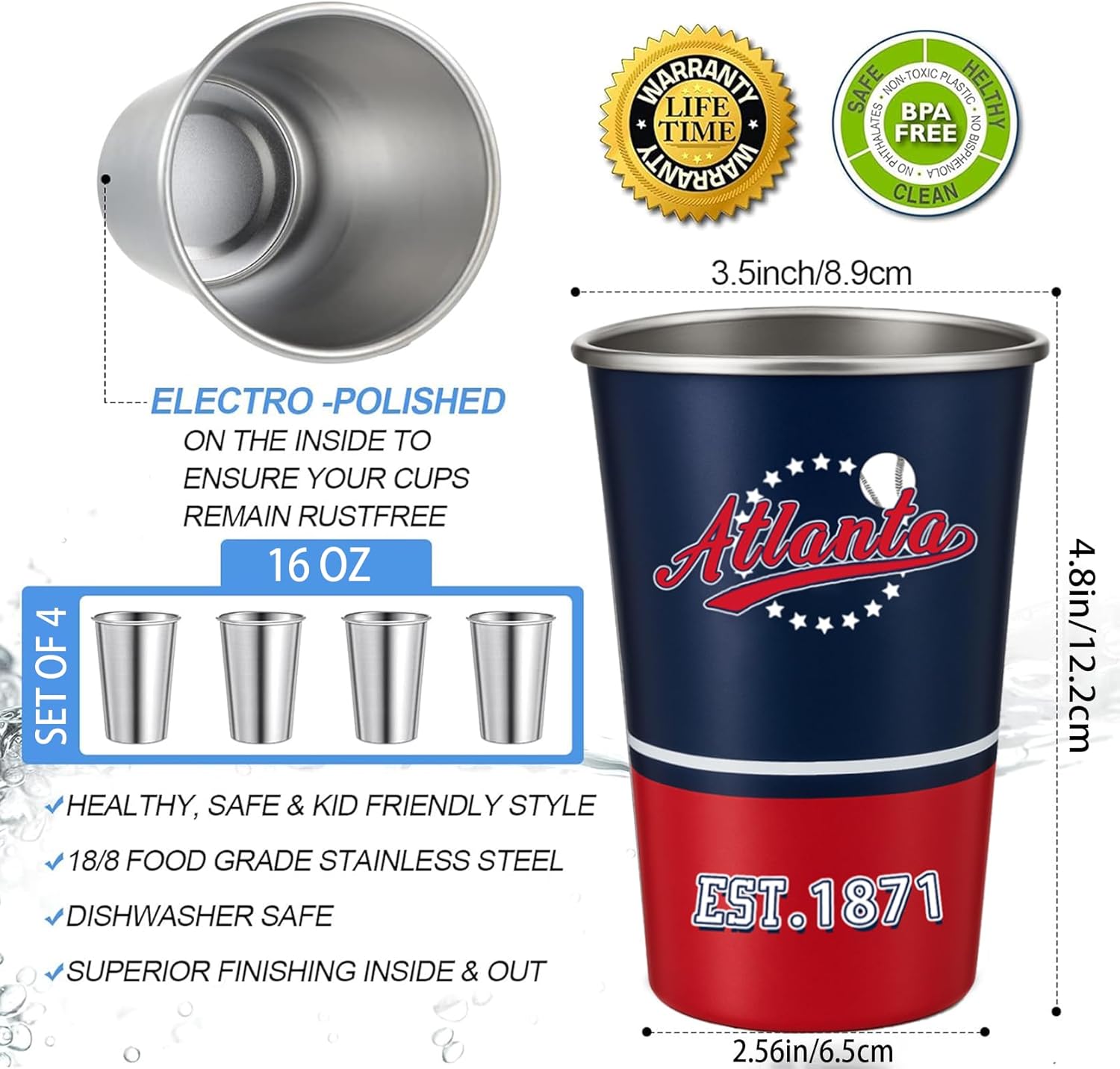 Drinking Cups Set of 4, 16oz Per Cup,Sports Travel Coffee Mug, Stainless Steel, Insulated,Classic Collection Gifts for Fans - Image 2