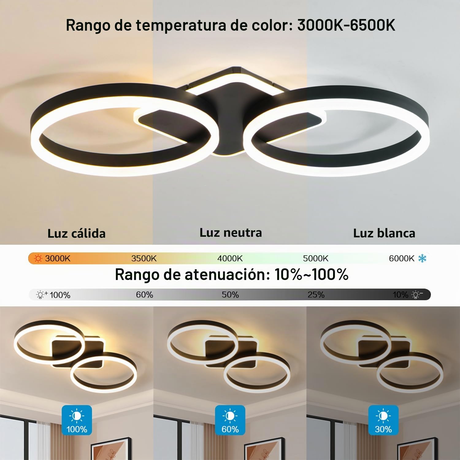 Lámpara de Techo LED Regulable Sala de Estar Negro 42W 65cm | Dormitorio Lampara Techo con Función de Memoria, Diseño Moderno de 2 Anillos Iluminación de Techo con APP de Control Remoto