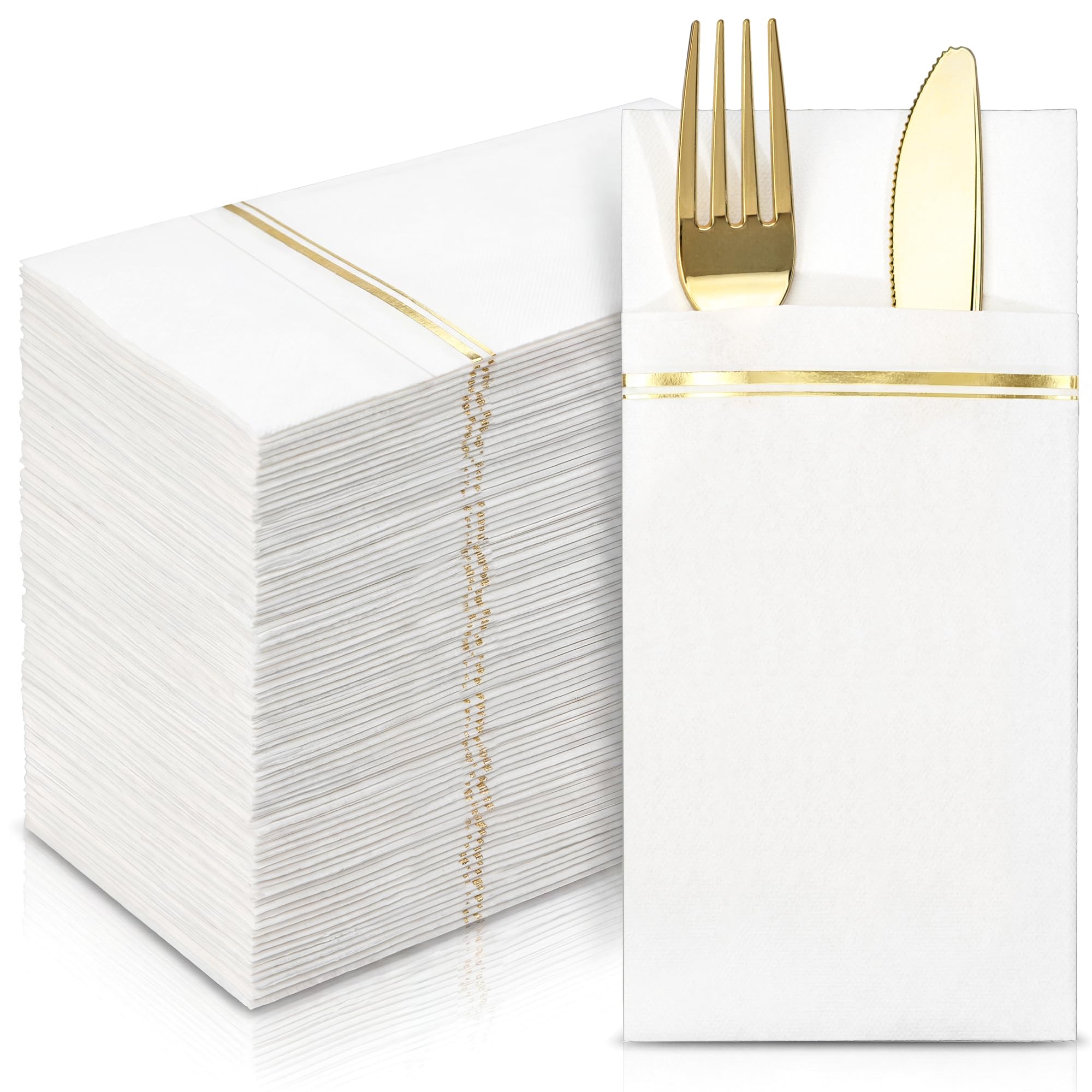 Photo 1 of Nervure Gold Paper Napkins with Pockets - 100 Count