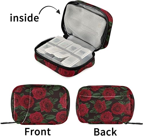 Miniatura 7 de Pfrewn Pastillero organizador de píldoras retro de rosa roja con cremallera, 7 días, portátil, pequeño, semanal, para medicina, para medicina, bolsa